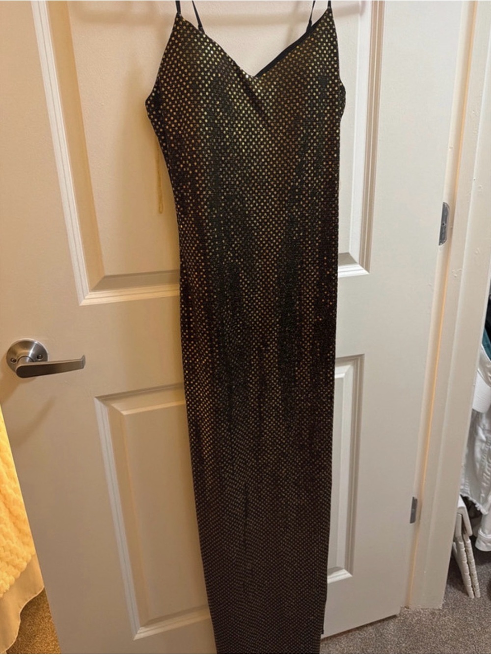 Haute Monde Black Slip Maxi Dress with Gold Dots
